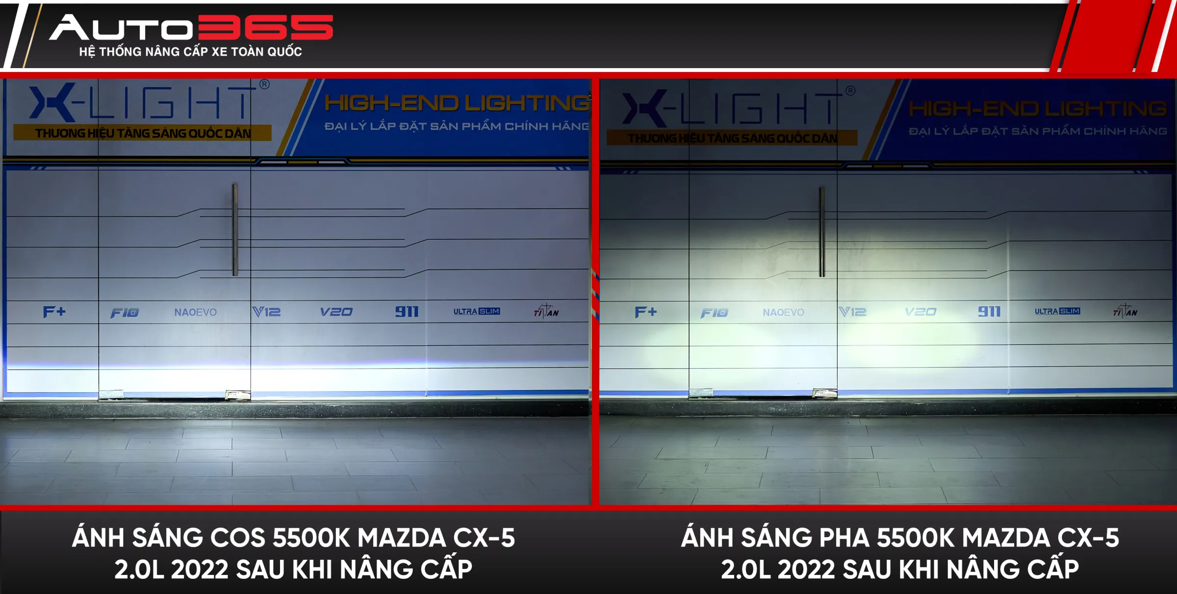 Vùng sáng Cos và Pha 5500K trên bảng kiểm tra sau nâng cấp bi gầm.