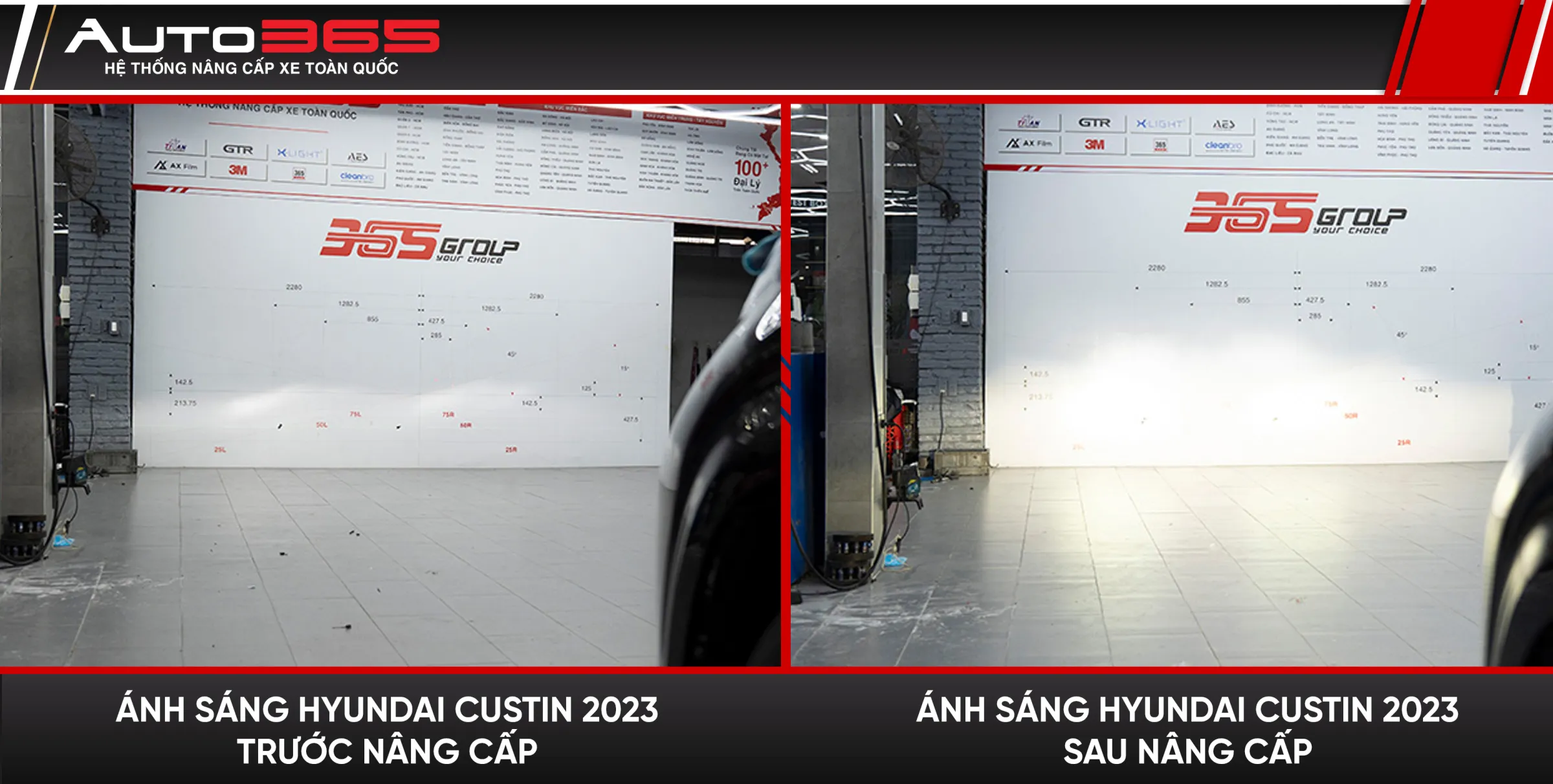 Ảnh ghép vùng sáng Hyundai Custin 2023 trước và sau nâng cấp trên bảng tại xưởng.