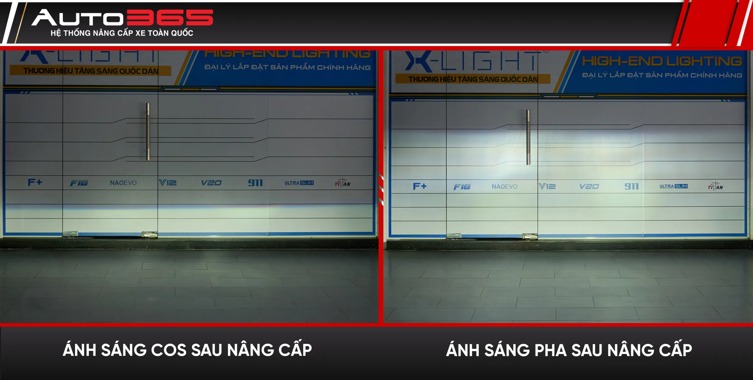 Vùng sáng Cos và Pha được ghi nhận tại xưởng sau nâng cấp; ảnh không thay thế phép đo quang học.