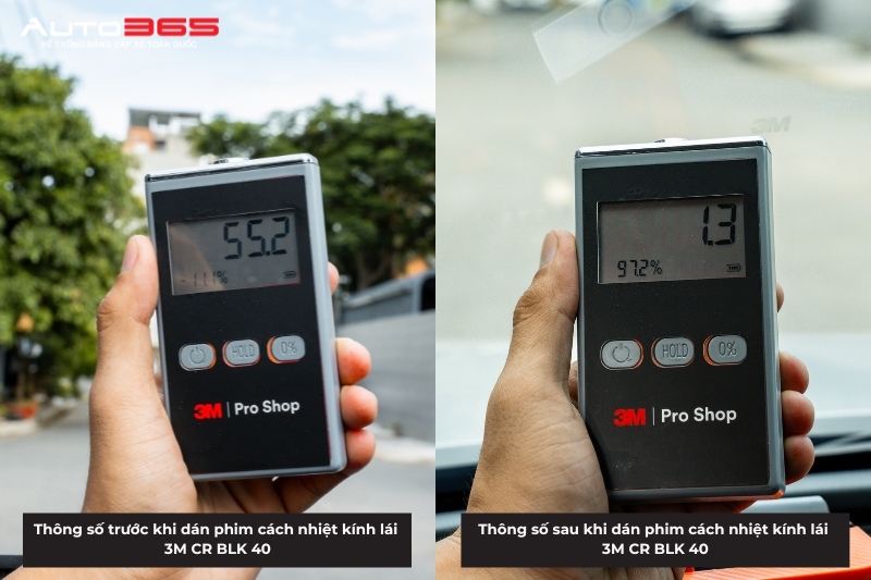 Kiểm tra chất lượng bằng máy đo thông dụng sau khi hoàn thiện dán phim cách nhiệt kính lái 3M CR BLK 40 tại Auto365.vn - Trụ Sở Chính