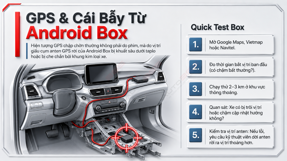 GPS Android Box cần kiểm tra vị trí anten rời sau khi dán phim cách nhiệt.