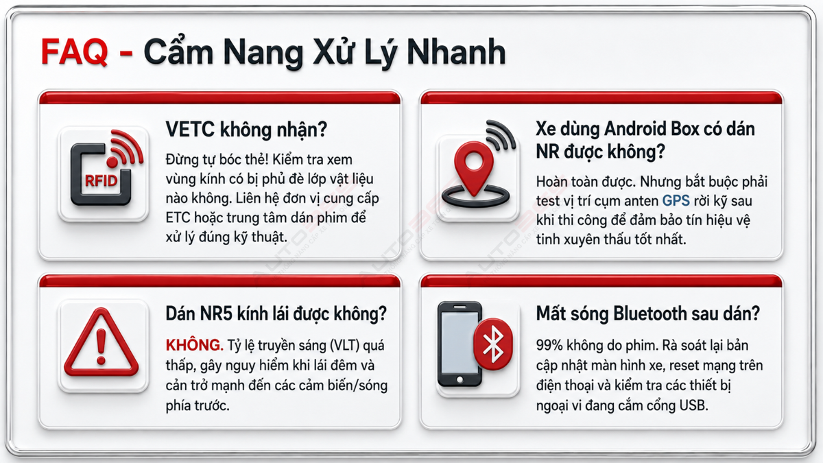 FAQ xử lý nhanh VETC ePASS GPS Android Box Bluetooth và lựa chọn mã phim 3M Ceramic NR