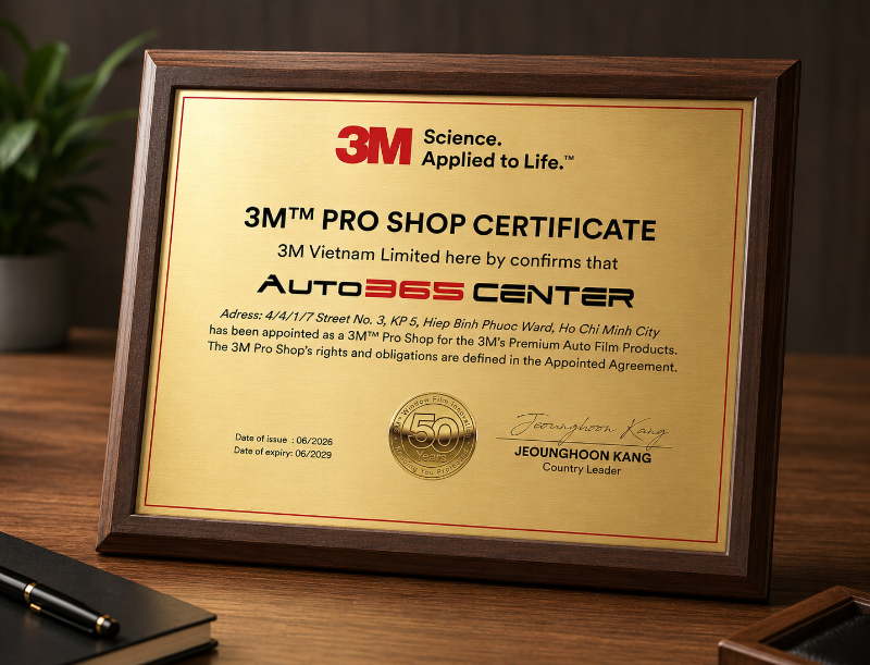 Chứng nhận Auto365 Center thuộc hệ thống 3M Pro Shop cho nhóm sản phẩm phim cách nhiệt ô tô 3M tại Việt Nam