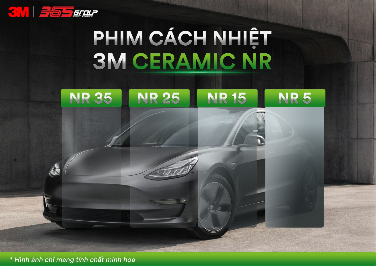 3M Ceramic NR gồm các mã phim NR35, NR25, NR15 và NR5 phù hợp cho từng vị trí kính xe.