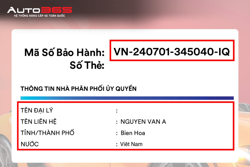 Ảnh mẫu do Auto365 dựng để minh họa vị trí ô mã bảo hành và thông tin nhà phân phối/đại lý trên chứng nhận điện tử để chủ xe xác định đúng đầu mối hỗ trợ; các thông tin hiển thị trên ảnh là dữ liệu ví dụ, không phải hồ sơ của một ca thực tế. (Nguồn: Auto365)
