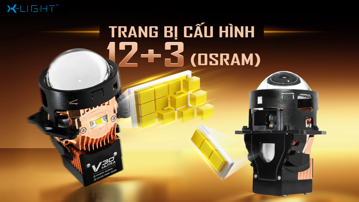 Cấu hình chip LED 12+3 Osram của Bi LED X-Light V30 Ultra 2026: 12 chip LED chóa phản xạ chính cho chế độ Cos, 3 chip Osram chóa phản xạ phụ cho chế độ Pha.