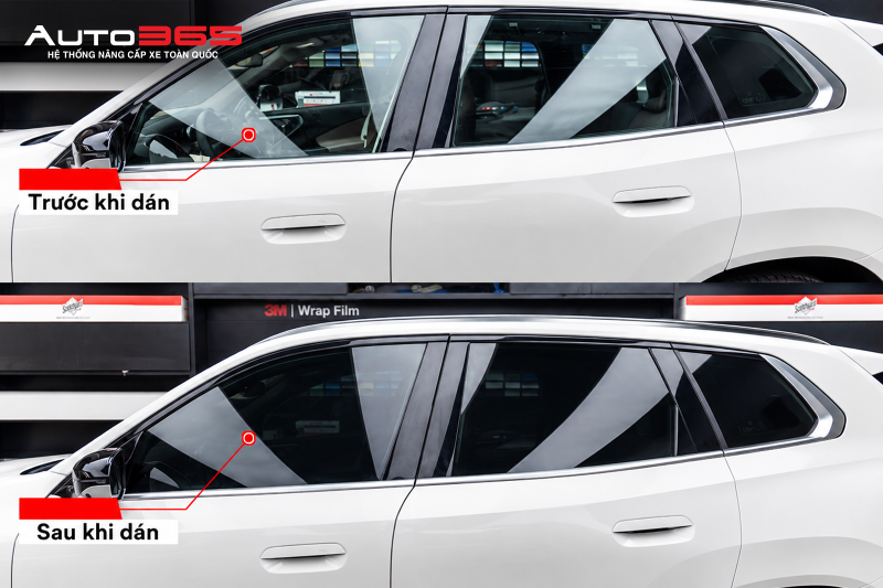 BMW X3 nhìn ngang thân trước và sau khi dán phim; phần kính sườn sau hoàn thiện tạo độ tương phản rõ hơn với màu sơn trắng