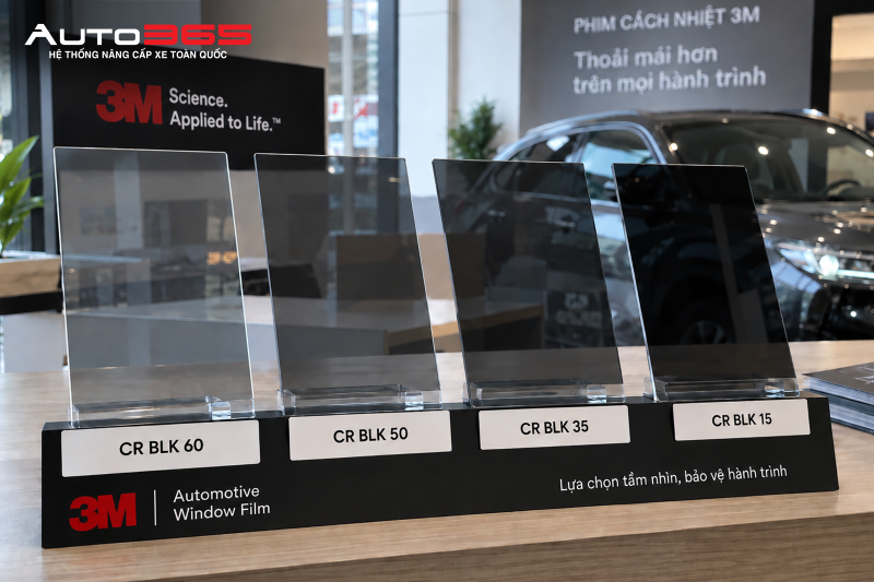 Các mẫu 3M Crystalline CR BLK có mức truyền sáng khác nhau để người dùng so sánh trước khi chọn mã cho từng vị trí kính.