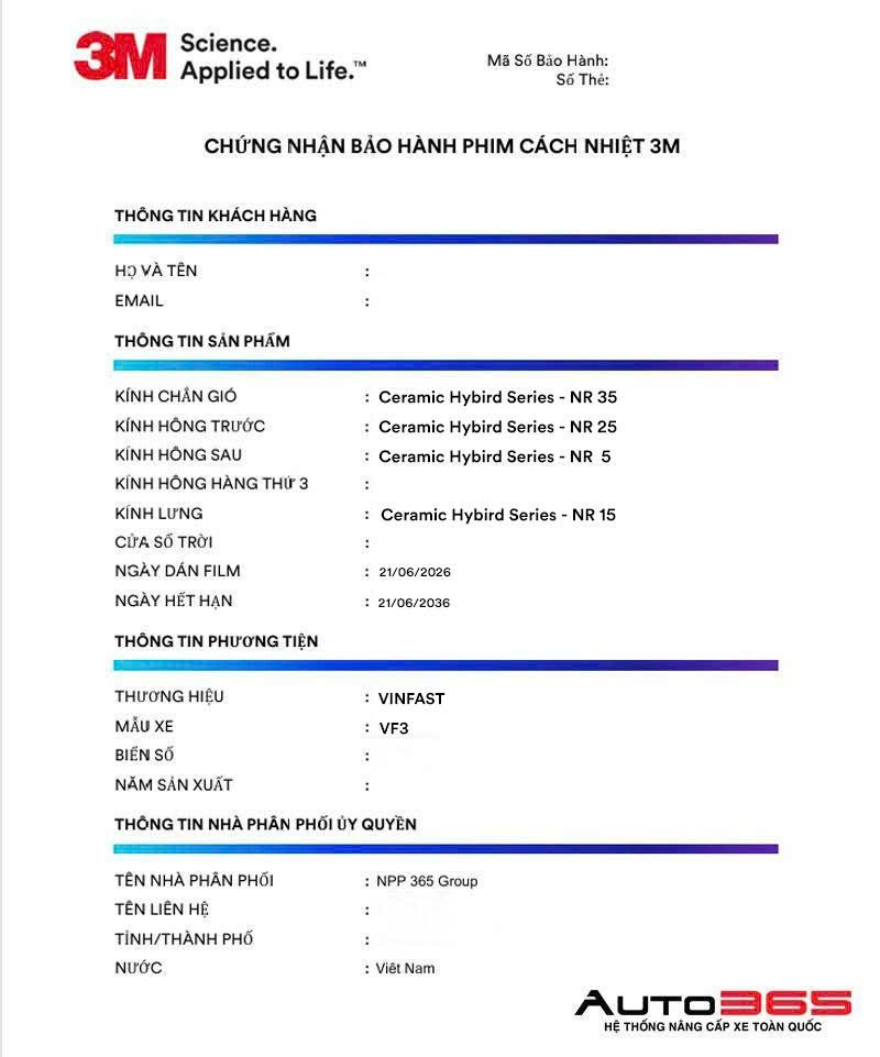 Chứng nhận bảo hành điện tử phim cách nhiệt 3M Ceramic NR