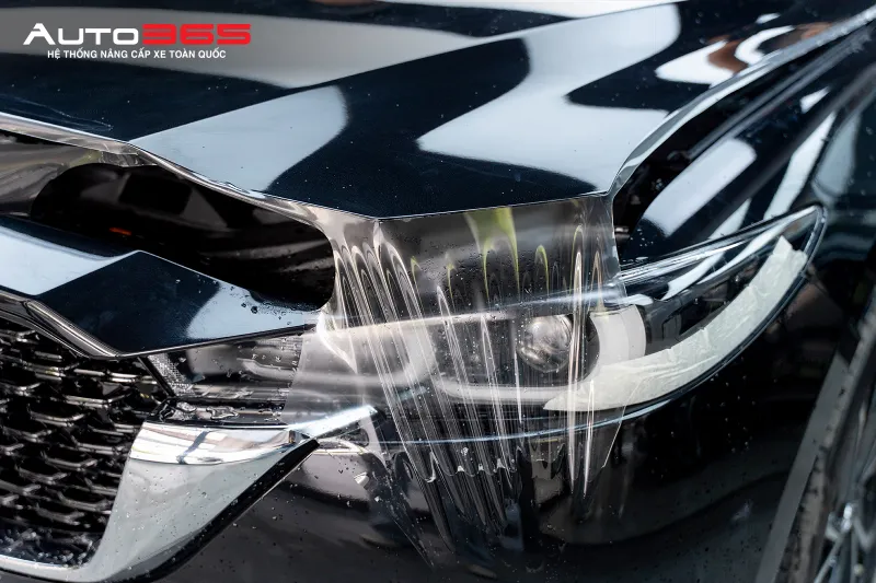 Cận cảnh lớp PPF 3M 50 Gloss trong suốt được định vị trên khu vực đầu xe Mazda CX-5 trong quá trình thi công