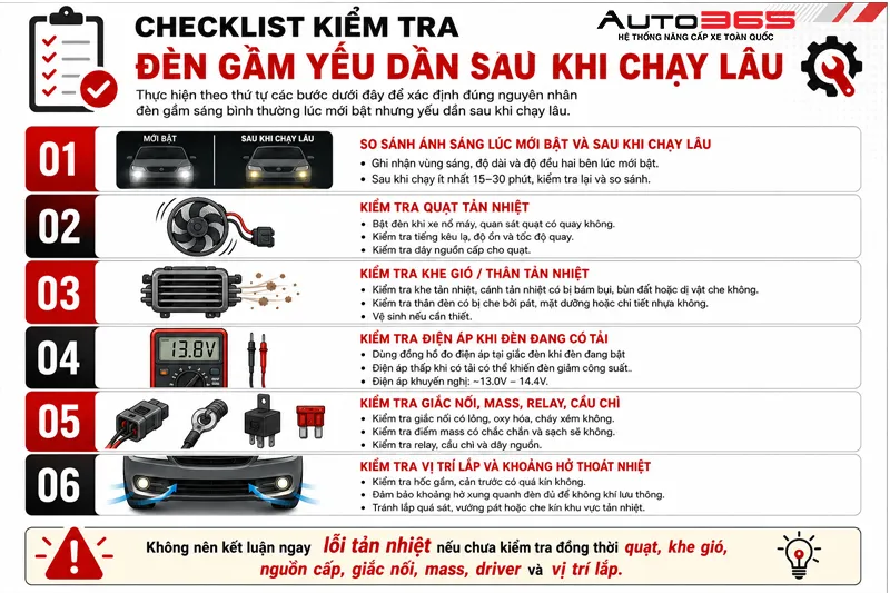 Checklist kiểm tra đèn gầm yếu dần sau khi chạy lâu
