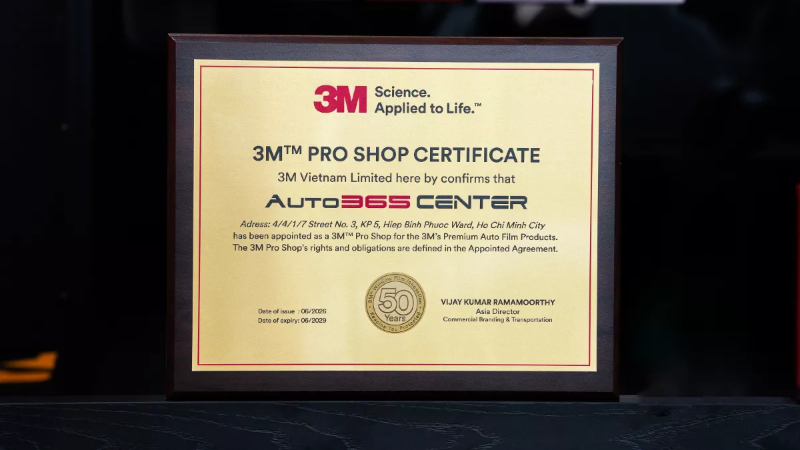 Chứng nhận 3M Pro Shop dành cho Auto365 Center trong nhóm 3M Premium Auto Film Products