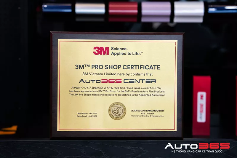 Chứng nhận 3M Pro Shop cho AUTO365 CENTER về sản phẩm phim cách nhiệt ô tô 3M