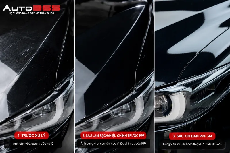  Chuỗi ảnh cùng một vị trí trên bề mặt Mazda CX-5: (1) trước xử lý; (2) sau làm sạch/hiệu chỉnh trước khi dán PPF; (3) sau khi hoàn thiện PPF 3M 50 Gloss. Phần ngoại quan cải thiện đến từ bước xử lý/hiệu chỉnh bề mặt; PPF không sửa vết xước cũ trên sơn, mà tạo lớp bảo vệ trong suốt phía trên bề mặt sơn