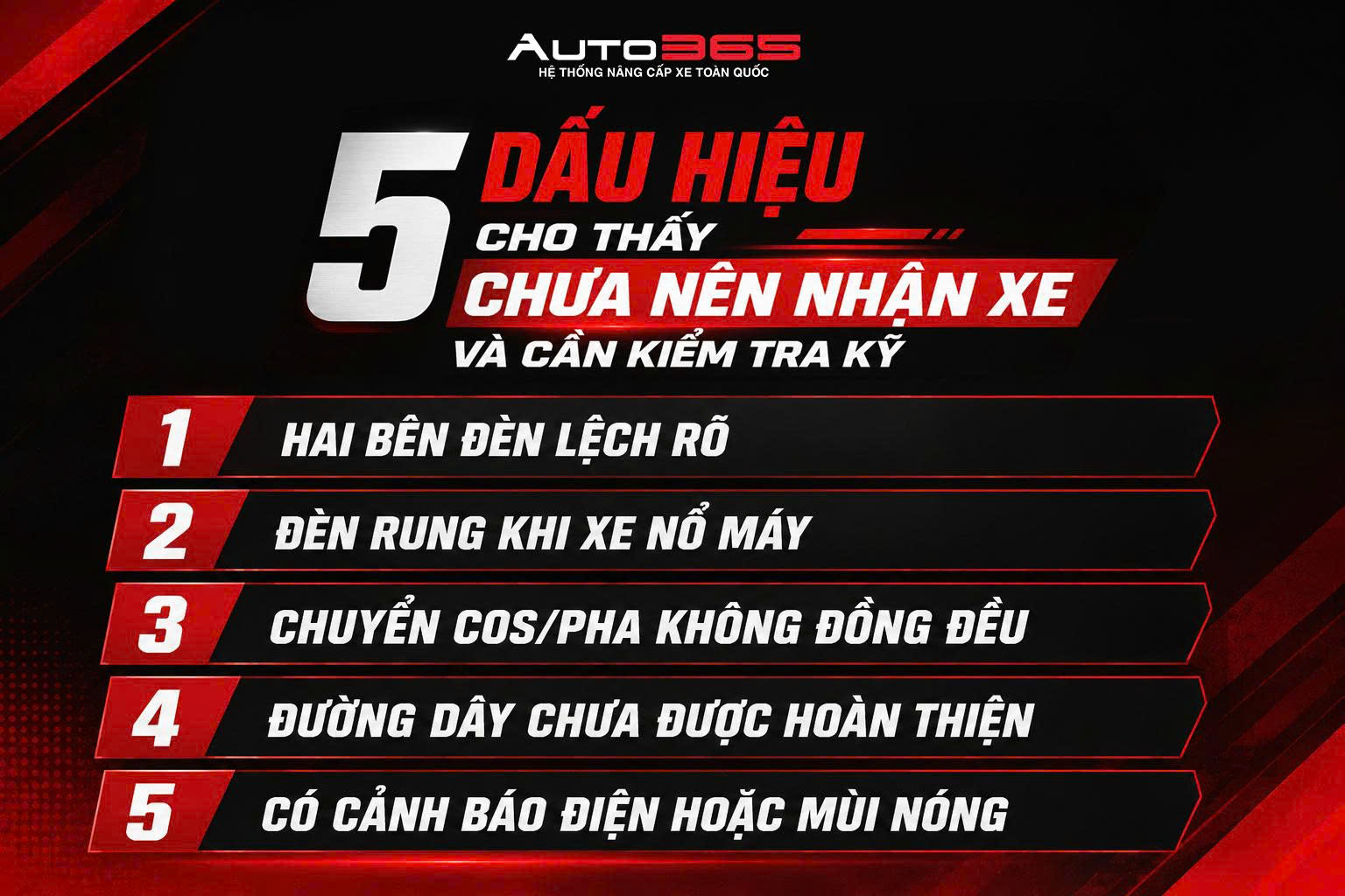 Đèn lệch, rung, chớp, dây chưa gọn hoặc có cảnh báo điện là dấu hiệu cần kiểm tra lại trước khi nhận xe.