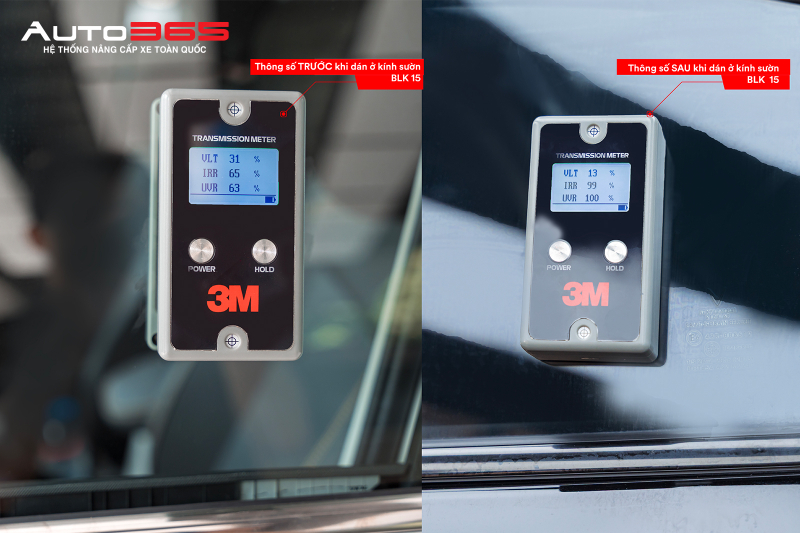 Đo kiểm kính sườn trước VinFast VF 7 trước và sau khi dán 3M CR BLK 15 bằng 3M Transmission Meter