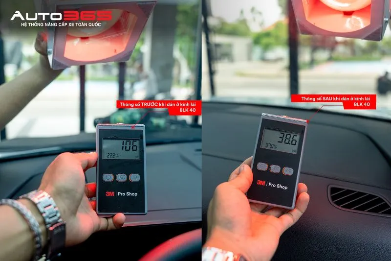 Hình ảnh thiết bị LS122 tại các thời điểm kiểm tra trước và sau khi kính lái Kia Sportage được dán CR BLK 40. Ảnh dùng minh họa thao tác kiểm tra tại thời điểm thi công; các giá trị hiển thị không được sử dụng làm bằng chứng định lượng khi hồ sơ đo chưa đủ xác nhận điều kiện thử nhất quán