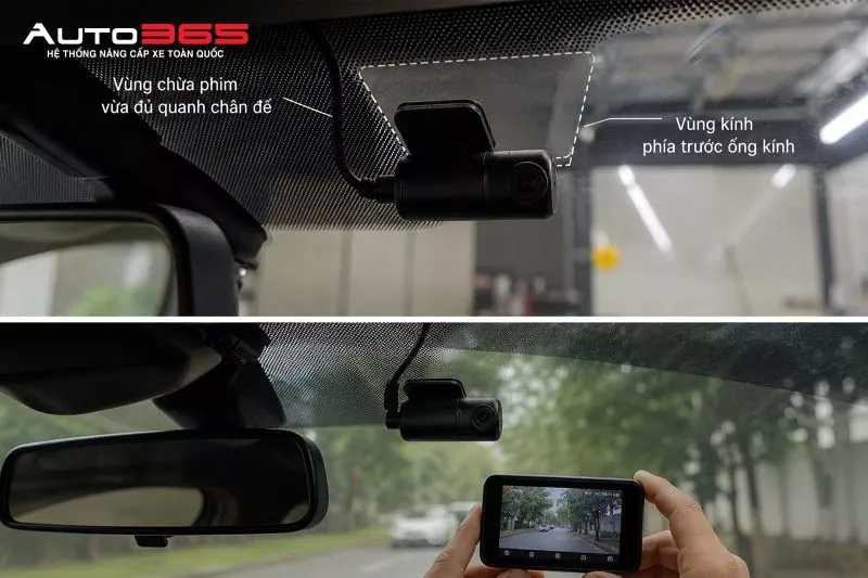 Hình minh họa cách bố trí vùng chừa phim quanh chân đế và kiểm tra lại vùng ghi hình sau khi lắp camera