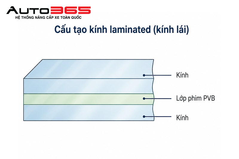 Hình minh họa cấu tạo kính laminated với hai lớp kính liên kết bằng lớp PVB ở giữa; đây là cấu tạo thường dùng cho kính lái ô tô