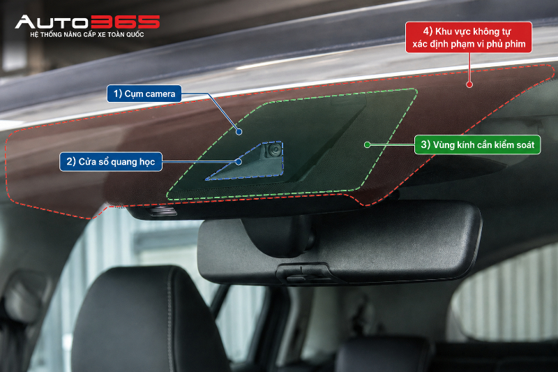 Hình minh họa vị trí camera ADAS trên Honda CR-V 2026: cụm camera đặt phía sau kính lái, cửa sổ quang học và vùng kính cần kiểm soát khi dán phim. Hình chỉ dùng để minh họa cho Honda CR-V 2026, không đại diện cho các mẫu xe khác.