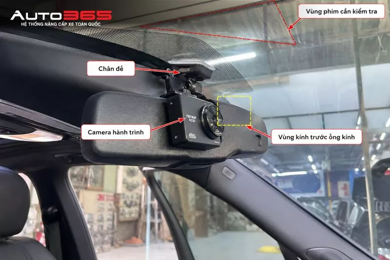 Hình minh họa vị trí chân đế, vùng phim và phần kính trước ống kính cần kiểm tra trước khi dán phim kính lái