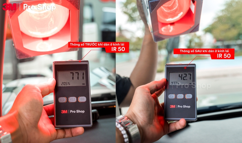 Đo độ truyền sáng kính lái trước và sau khi dán phim 3M Ceramic IR50 tại 3M Pro Shop