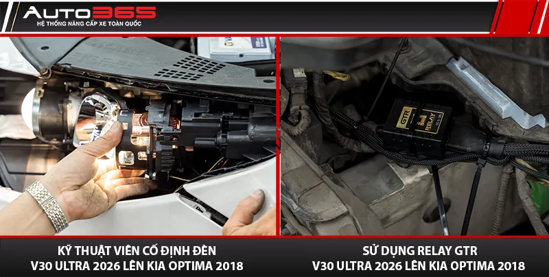 Kỹ thuật viên Auto365 lắp X-Light V30 Ultra 2026 và đấu Relay GTR cho Kia Optima