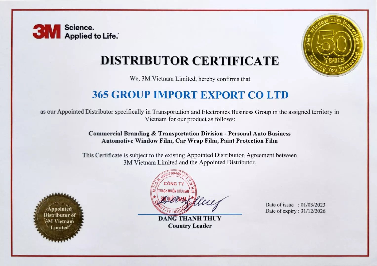 Chứng nhận nhà phân phối sản phẩm phim cách nhiệt 3M của 365Group
