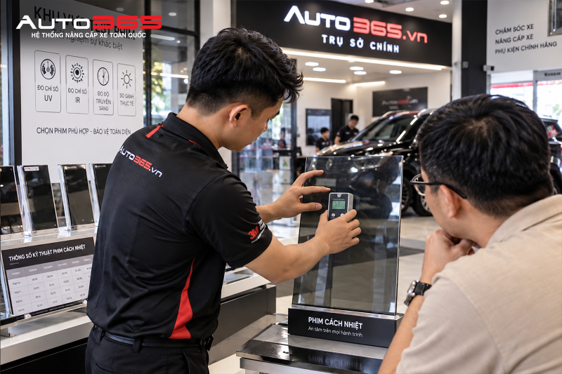 Kỹ thuật viên kiểm tra mẫu phim tại Auto365.vn - Trụ Sở Chính; kết quả đo được dùng để đối chiếu thêm trước khi chốt mã phim
