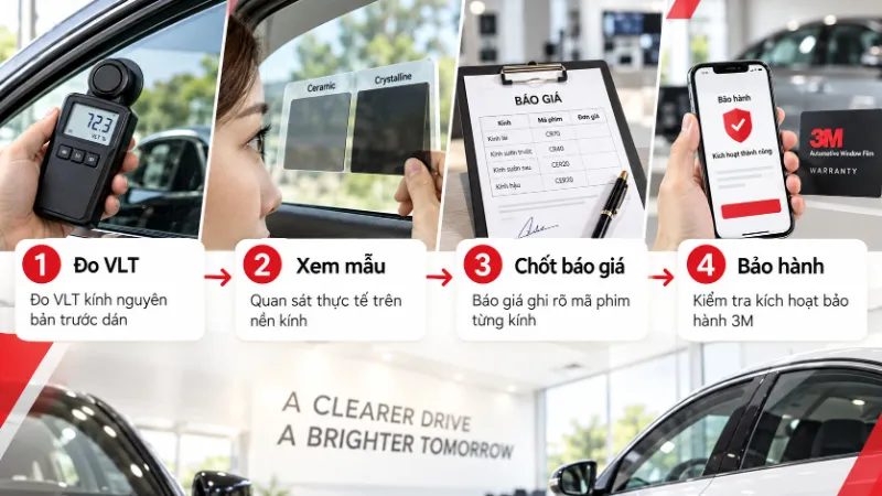 Minh họa bốn bước chọn và kiểm phim; hình không phải biên bản đo hoặc xác nhận bảo hành của một ca cụ thể