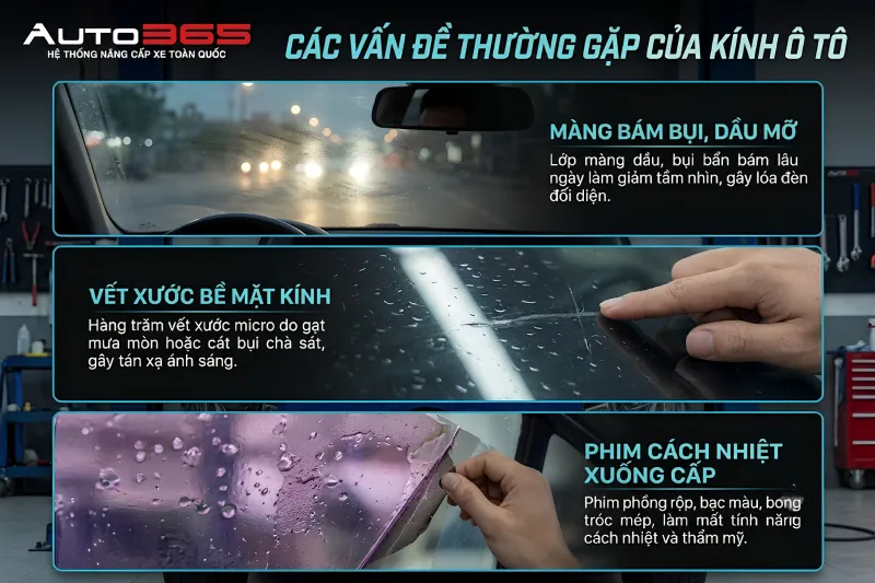 Minh họa lớp bám, xước kính và phim xuống cấp. Không dùng hình để xác nhận tình trạng của một xe cụ thể