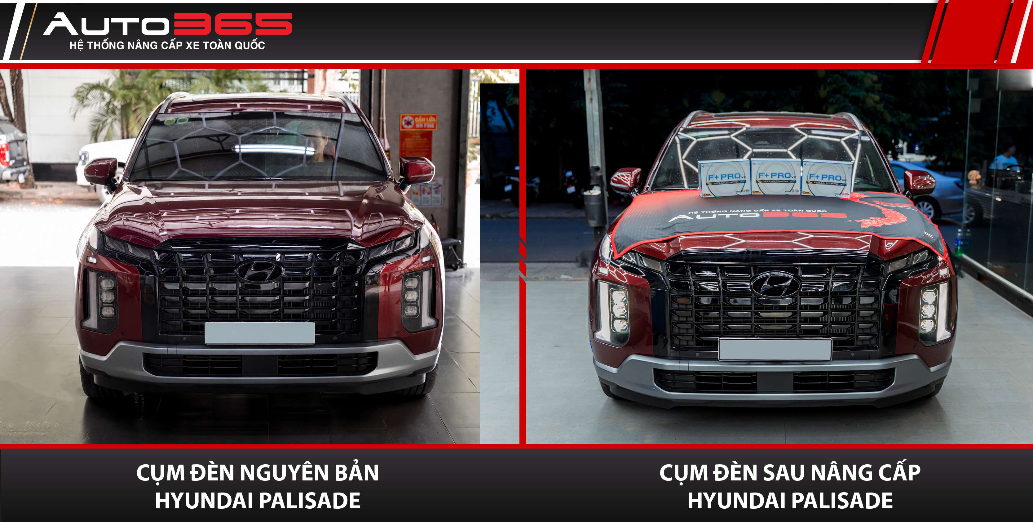 So sánh cụm đèn Hyundai Palisade 2024 trước và sau khi lắp 3 cặp Bi LED X-Light F+ Pro V2 tại Auto365.vn - Trụ Sở Chính.