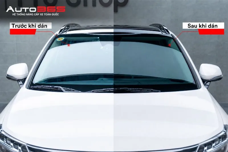 Ngoại quan kính lái Kia Sportage trước và sau khi dán 3M Crystalline CR BLK 40; ảnh cho thấy sự thay đổi của kính sau khi hoàn thiện phim trong cùng ca xe