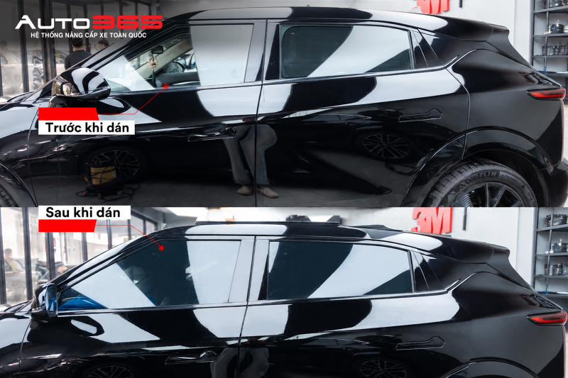 Ngoại quan kính sườn VinFast VF 7 trước và sau khi dán 3M CR BLK 15