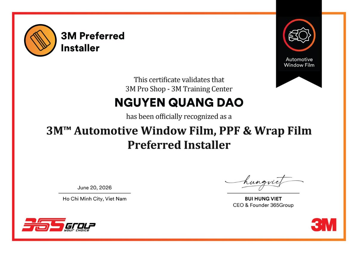 Chứng nhận 3M Preferred Installer dành cho Nguyễn Quang Đạo