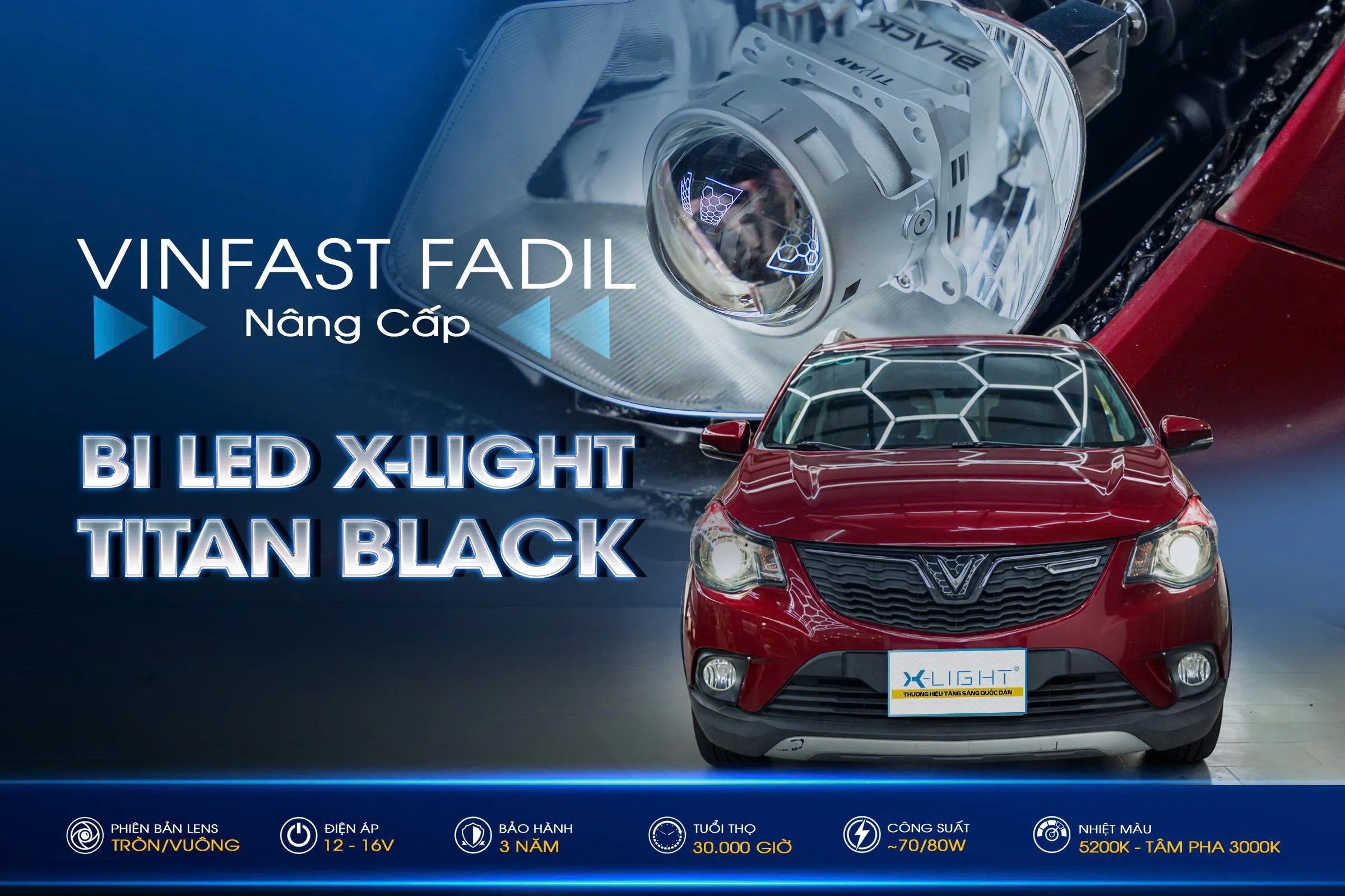 Vinfast Fadil nâng cấp Bi LED X-Light Titan Black