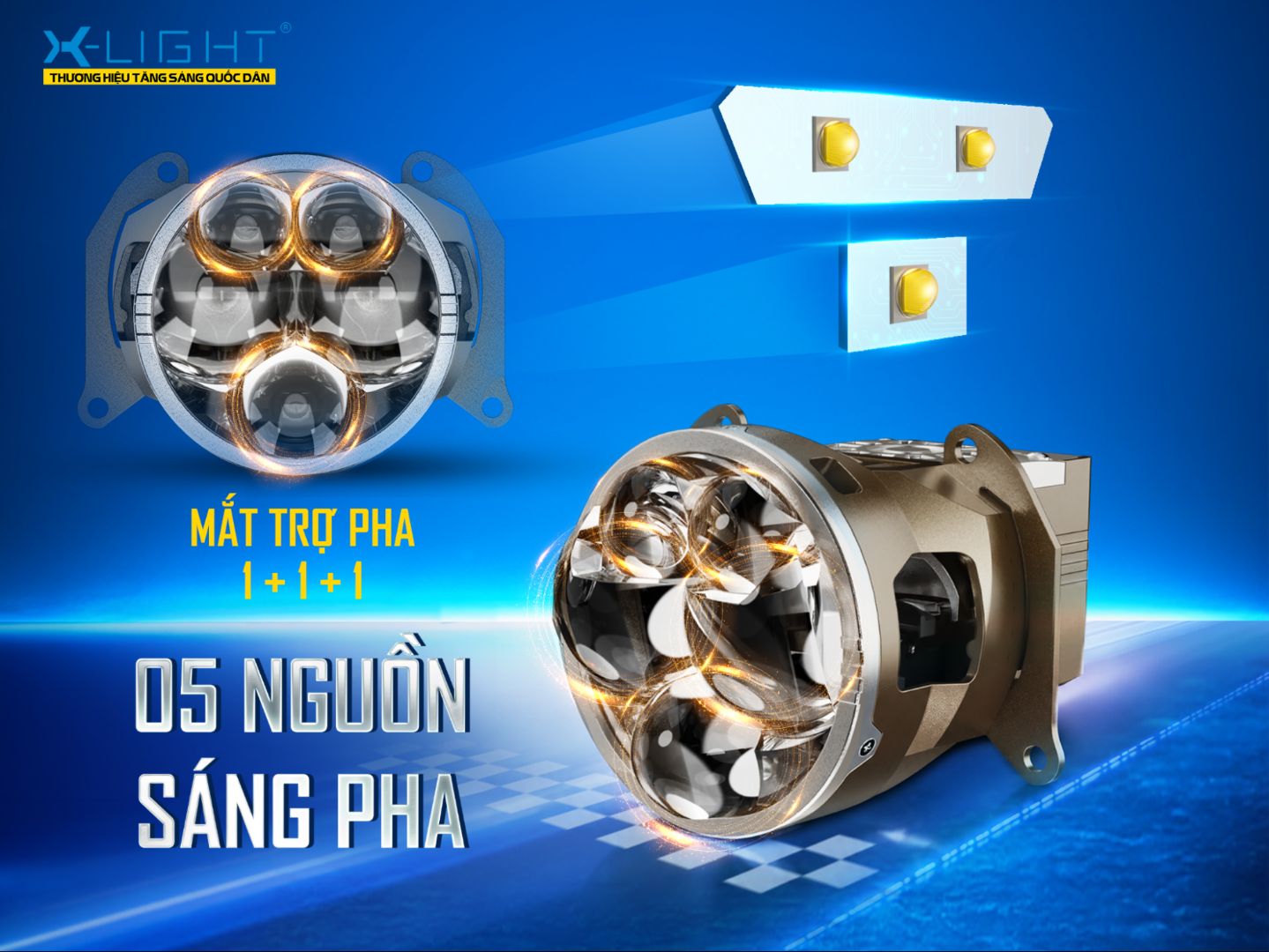 Tích hợp công nghệ Quantum 3 mắt trợ Pha, tạo 5 nguồn sáng chiếu xa khi kết hợp ánh sáng ánh sáng khi đóng 2 màn trập ở Cos.