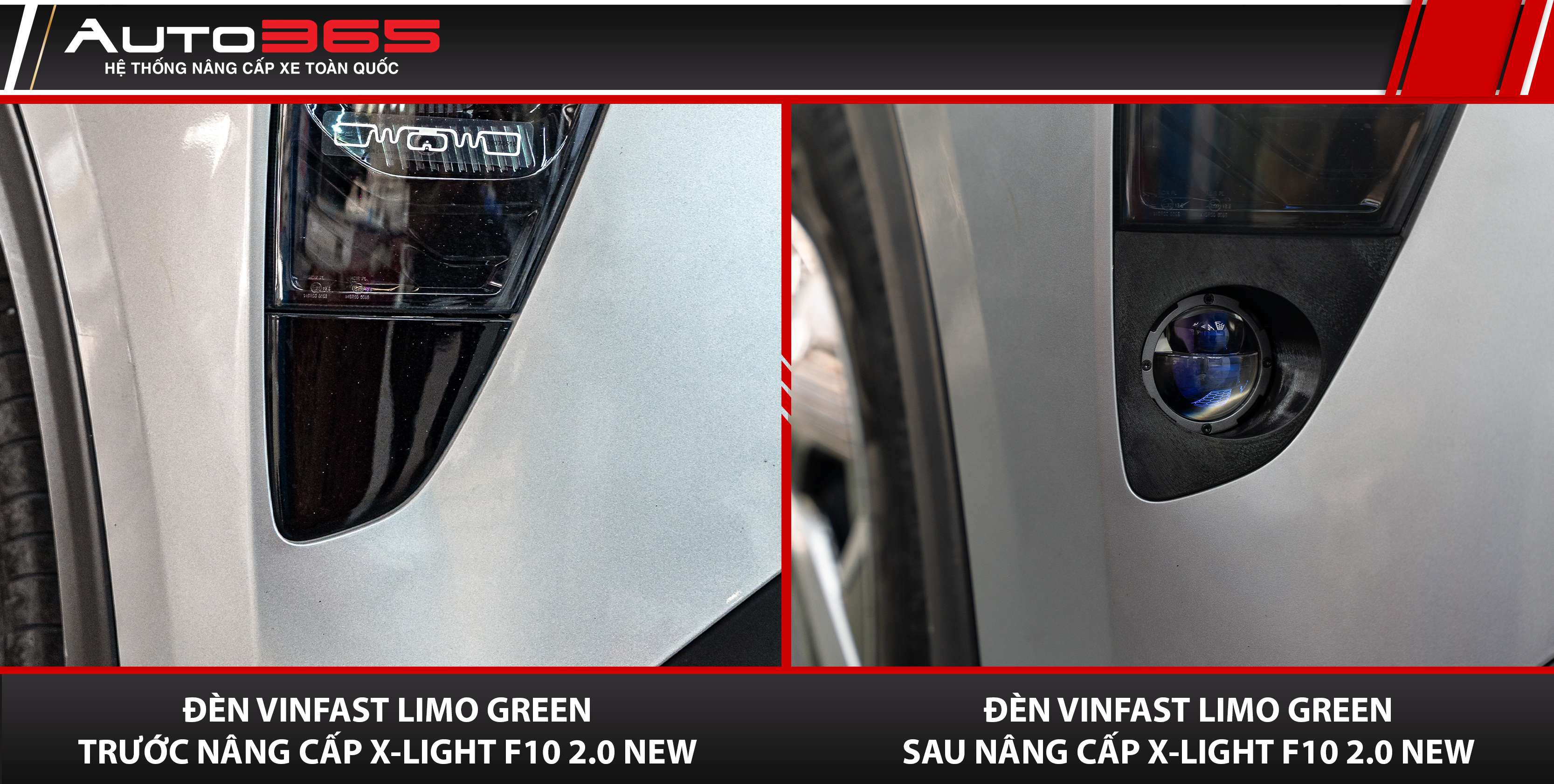 Khu vực cản trước của VinFast Limo Green trước và sau khi nâng cấp Bi gầm X-Light F10 2.0 New
