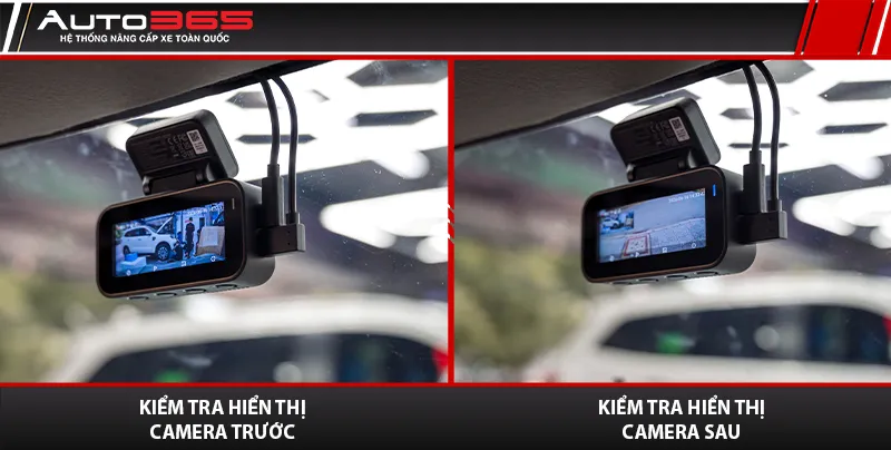 Màn hình 70mai hiển thị hai góc camera khi kiểm tra trên VinFast VF3