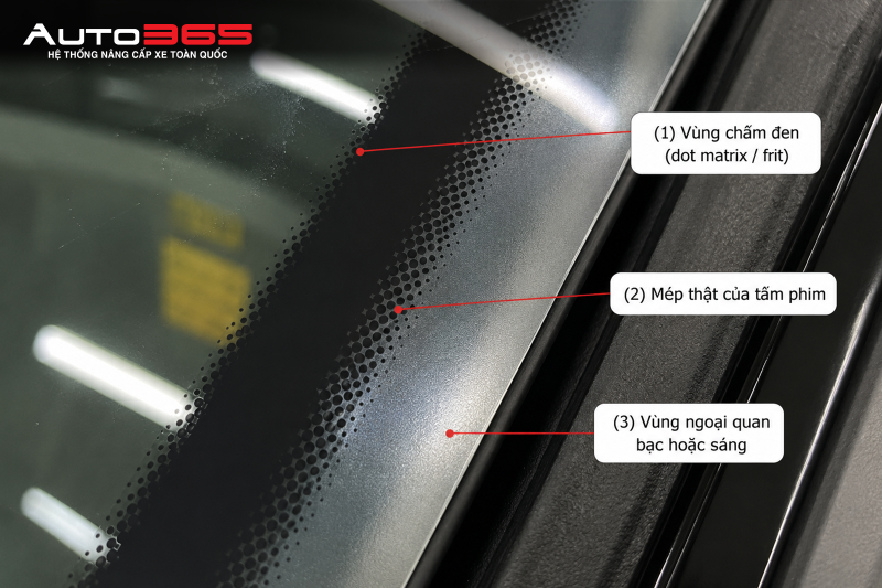 Vùng dot matrix, mép thật của tấm phim và khu vực ngoại quan bạc/sáng sau thi công cần được phân biệt khi đánh giá mép phim.