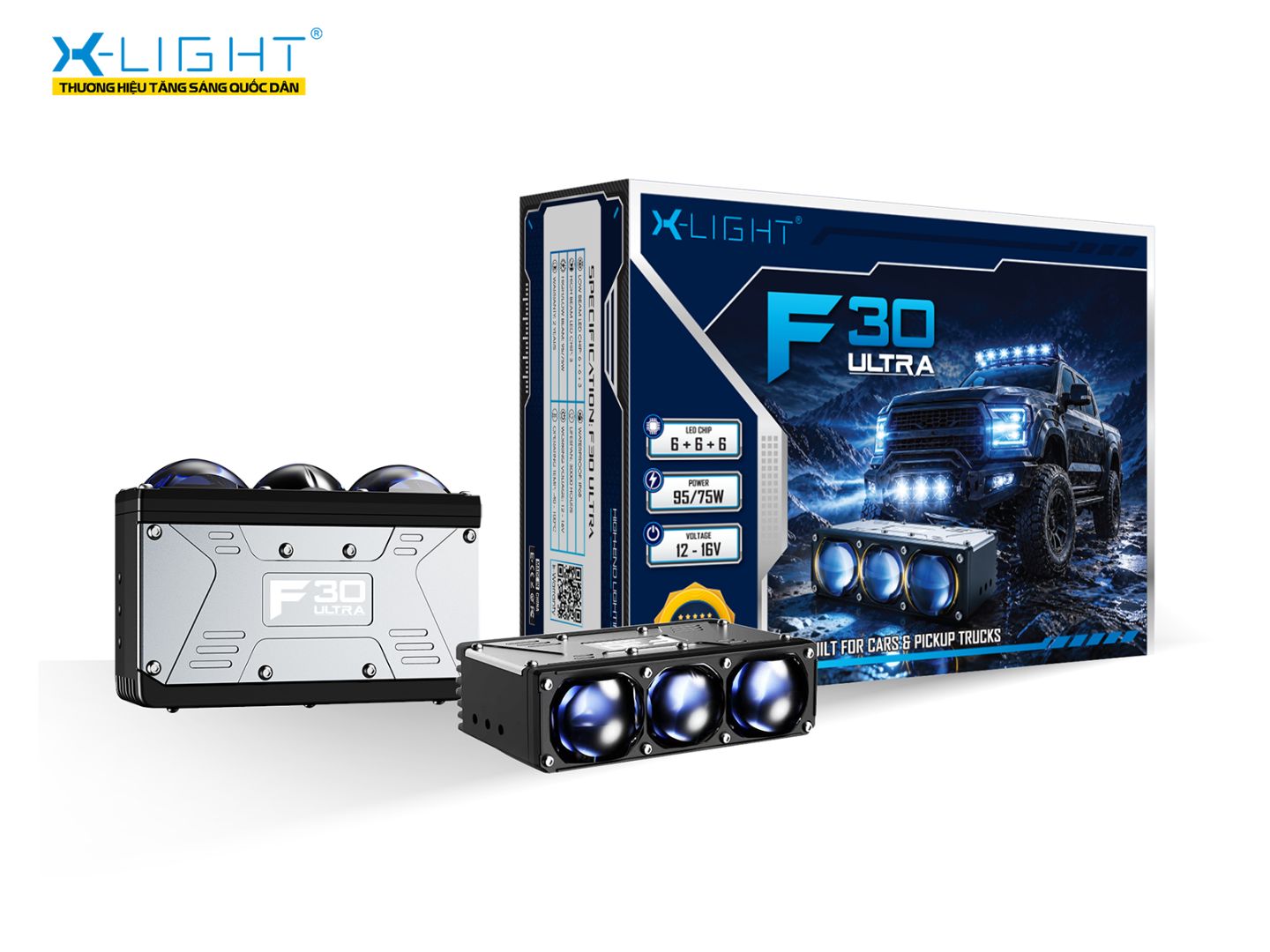 Ảnh trọn bộ sản phẩm X-Light F30 Ultra và phụ kiện đi kèm