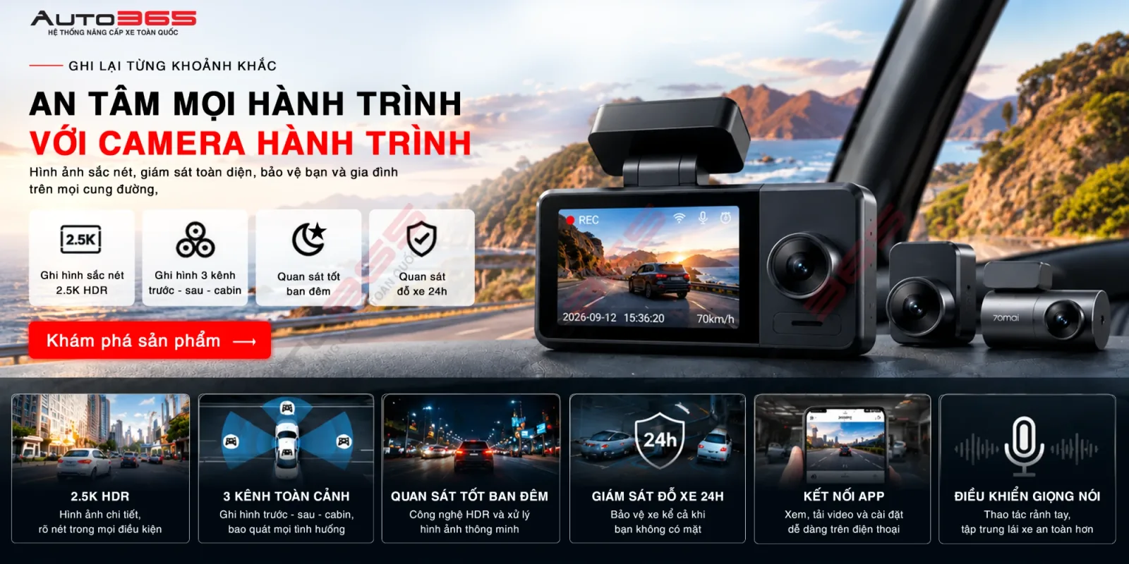 An tâm mọi hành trình với camera hành trình: ghi hình 2.5K HDR, 3 kênh trước – sau – cabin, quan sát ban đêm, giám sát đỗ xe 24h