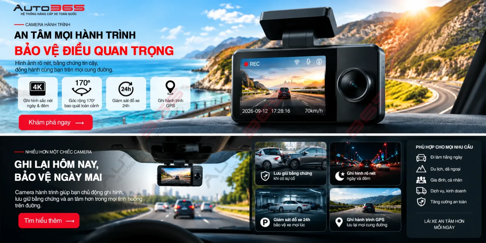 Camera hành trình bảo vệ điều quan trọng: 4K, góc rộng 170°, giám sát đỗ xe 24h, ghi hành trình GPS