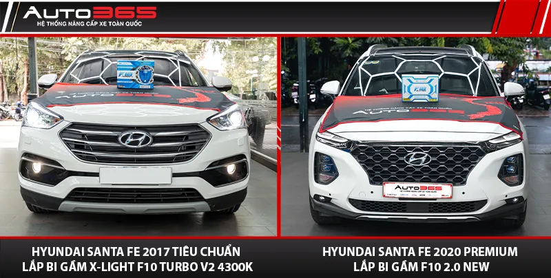 Hai chiếc Hyundai Santa Fe đời 2017 và 2020 với cấu hình bi gầm khác nhau tại Auto365