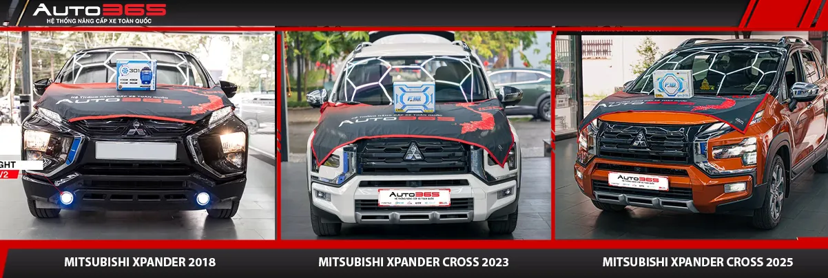 Hình tổng hợp Mitsubishi Xpander 2018, Xpander Cross 2023 và Cross 2025 tại Auto365.