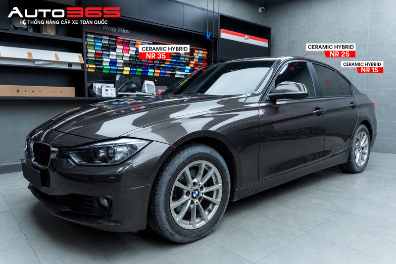 Hình 5. BMW 320i màu xám dán phim cách nhiệt 3M NR35 cho kính lái, NR25 cho kính sườn trước, NR15 cho kính sườn sau và kính lưng