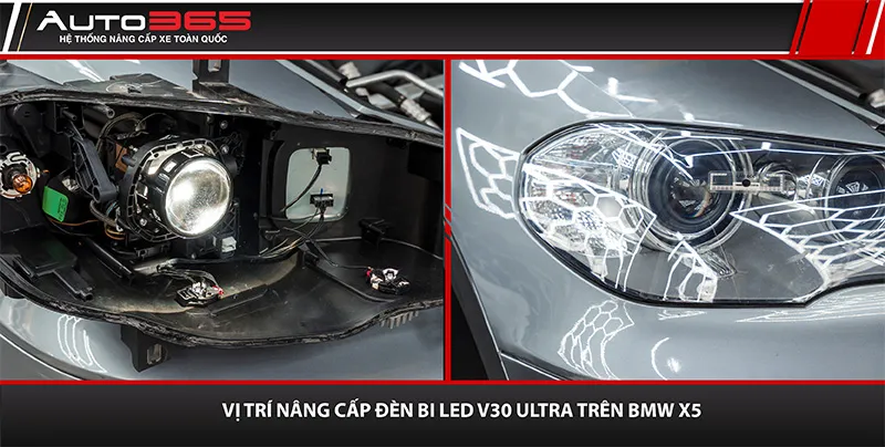 Cụm đèn chính BMW X5 trước và sau khi bố trí bi LED V30 Ultra