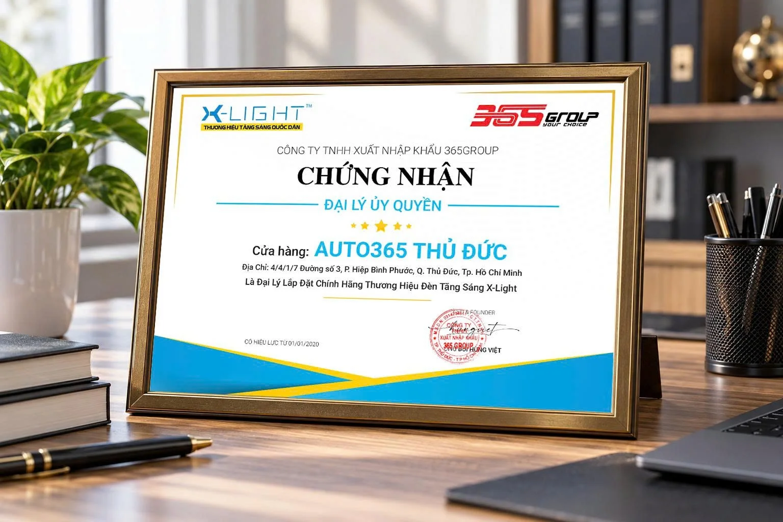 Chứng nhận Auto365 Thủ Đức là đại lý ủy quyền lắp đặt đèn tăng sáng X-Light