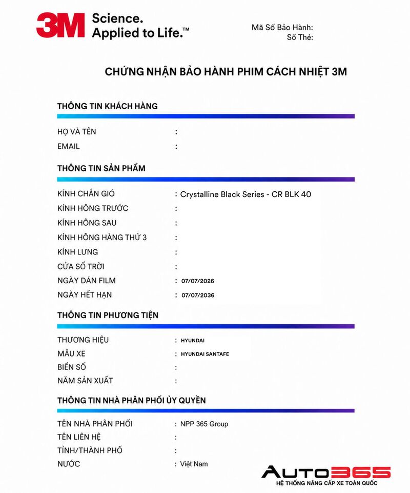Bảo hành điện tử 10 năm theo chính sách áp dụng của 3M