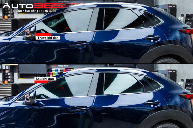 Diện mạo kính sườn Mazda CX-30 trước và sau khi dán phim cách nhiệt 3M
